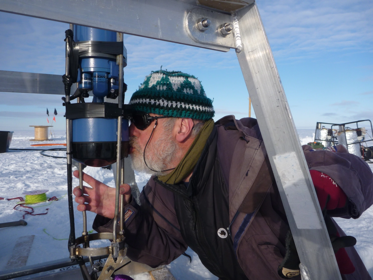 Svein Østerhus kisses a current meter in Antarctica