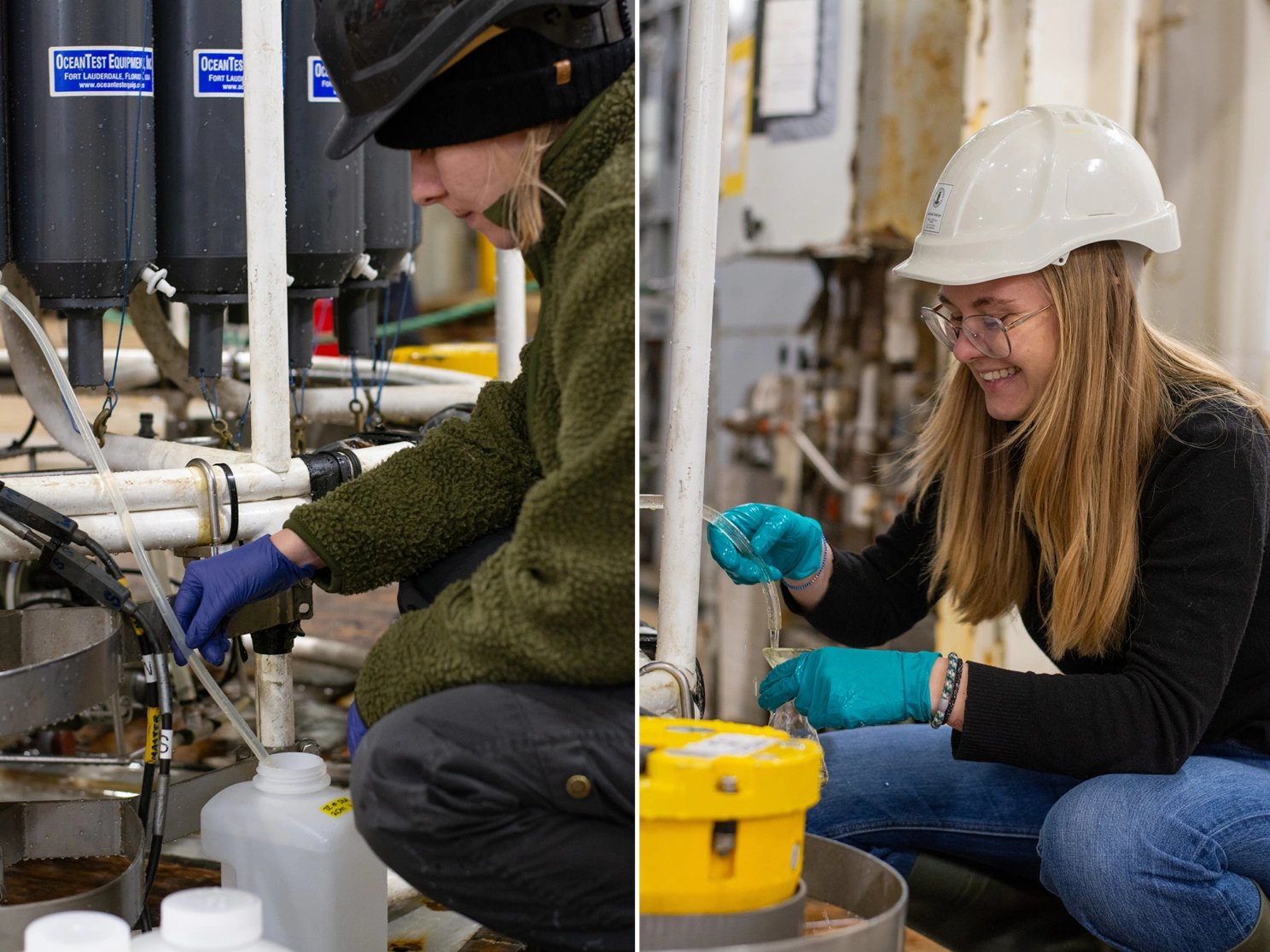 Annika Morische og Idunn Hana tapper vannprøver.