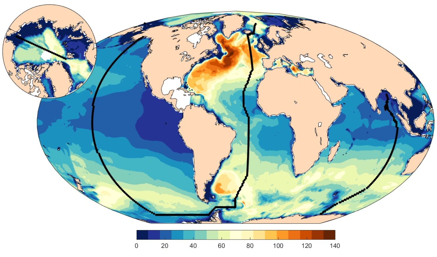 Verdenskart over antropogent CO2-innhold i havet